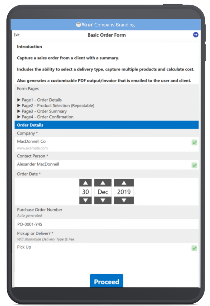 Basic Order Form Tablet App